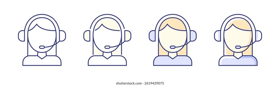 Call center worker outline and colored icons with editable stroke. Customer service operator with headset. Vector illustration