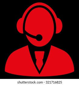 Call Center Worker vector icon. Style is flat symbol, red color, rounded angles, black background.