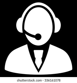 Call Center Worker vector icon. Style is flat symbol, white color, rounded angles, black background.