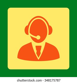 Call Center Worker vector icon. Style is flat rounded square button, orange and yellow colors, green background.