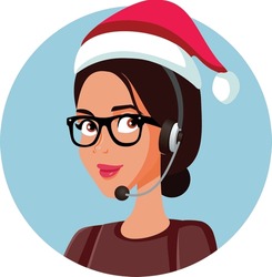 
Call Center Worker Wearing Santa Claus Hat Vector Cartoon. Woman Wearing Headset Answering Customer Service On Winter Holidays
