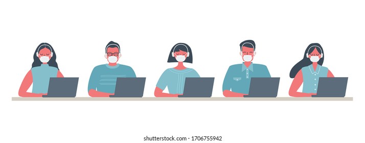 Call Center Workers During The Coronavirus Epidemic. Young Men And Women In Medical Masks And Headphones Sitting At The Table On A White Background. People Icons. Flat Style. Vector Illustration