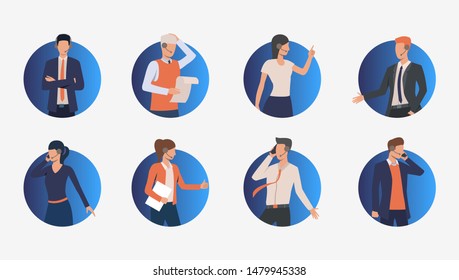 Call center workers with headset. Male and female customer support phone operators. Vector illustration for banner, leaflet, advertising