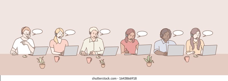 Call center workers set concept. Illustration of support team at office. Bundle of young happy men and women or call center staff with headsets. International diversity in cartoon style. Simple vector