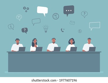 Call center workers. Support service icons. Young men and women in headphones are sitting at the table on a blue background. People icons. Funky flat style. Vector illustration