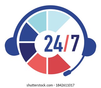 Centro de llamadas 24 7, servicio de atención al cliente en línea, asistencia para clientes. Banner para auriculares, ayuda de operador o asistente, línea directa o servicio de asistencia en Internet. Vector de estilo plano
