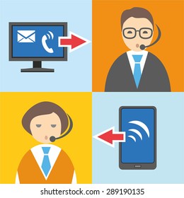 Call centre, flat color illustration, information graphics. Telephone, contact center, color flat illustrations, icons. Managers respond to phone calls, talking on the phone. 