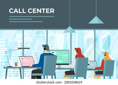 Call centre hotline operators in office. Helpline service workers with headsets at work. Online customer support department staff, telemarketing, consultation and assistance center team illustration