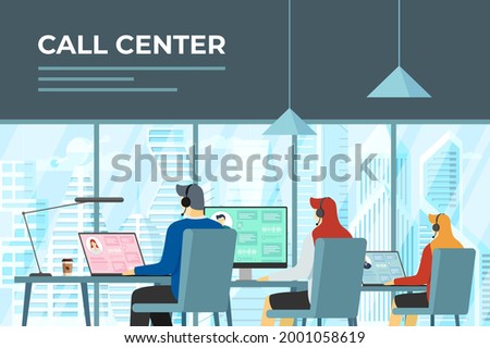 Call centre hotline operators in office. Helpline service workers with headsets at work. Online customer support department staff, telemarketing, consultation and assistance center team illustration