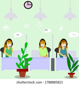 Call centre , Line of call center employees working, using face mask and maintaining social  distance at office because of pandemic or outbreak of covid-19, coronavirus, Ncov-19.