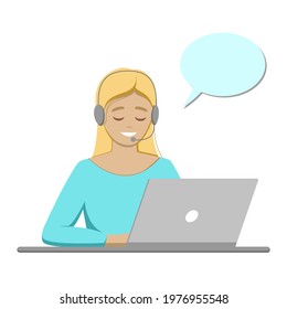 Call centre operator working at table. Cheerful blonde young woman dispatcher in blue clothes with headphones device and computer. Speech bubble for your text. Flat design, vector illustration 