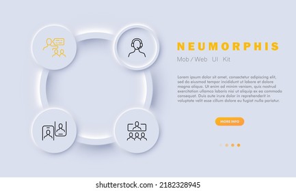 Icono de conjunto del centro de llamadas. Comunicación, trabajo en equipo, teléfono, internet, subordinados, empleados. Concepto de negocio. Estilo neomorfista. Icono de línea de vector para negocios y publicidad.