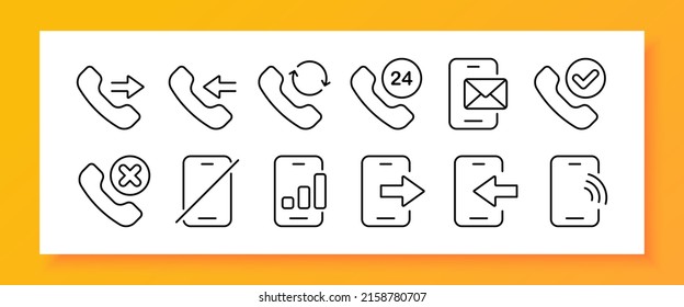 Call centre set icon. Incoming, outgoing, missed call, hotline, wifi, arrows, correspondence, phone, communication. Contact us concept. Neomorphism style. Vector line icon for Business and Advertising