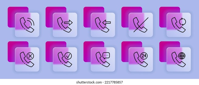 Call centre set icon. Incoming, outgoing, missed call, hotline, wifi, arrows, correspondence, phone, communication. Contact us concept. Glassmorphism style. Vector line icon for Business