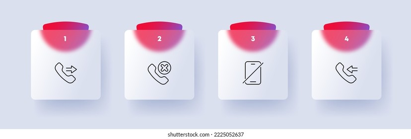 Call centre set icon. Incoming, outgoing, missed call, hotline, wifi, arrows, correspondence, phone, communication. Contact us concept. Glassmorphism style. Vector line icon for Business