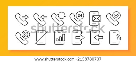 Call centre set icon. Incoming, outgoing, missed call, hotline, wifi, arrows, correspondence, phone, communication. Contact us concept. Neomorphism style. Vector line icon for Business and Advertising