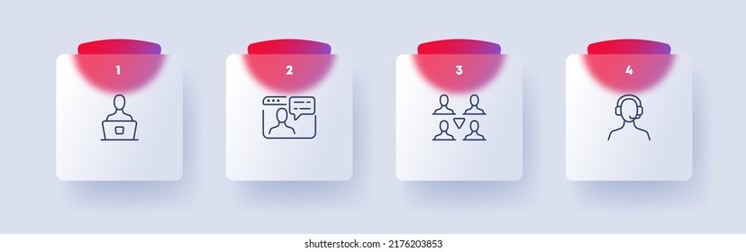 Call centre set icon. Support service, phone, remote consultation, headset, computer, operator, message. Hotline concept. Glassmorphism style. Vector line icon for Business and Advertising.
