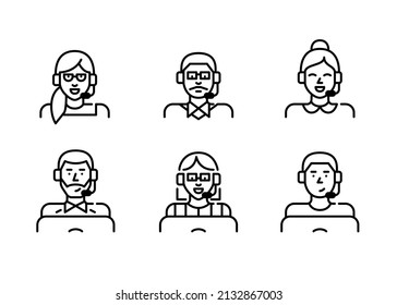 Call centre technical support agents diversity icons. People of various ages and genders wearing a headset. Pixel perfect, editable stroke icons