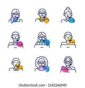 Call centre technical support agents diversity icons. People of all ages and genders wearing headset. Pixel perfect, editable stroke fun color icons