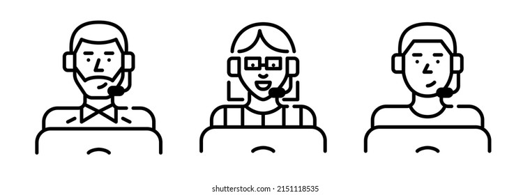 Call centre technical support agents icons. People wearing a headset working at a laptop. Pixel perfect, editable stroke icons