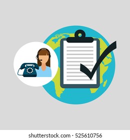 call centre woman working globe check list vector illustration eps 10