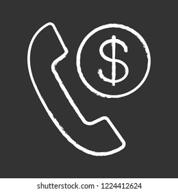 Call charges chalk icon. Pay per call. Phone tariff plan. Handset with dollar coin. Isolated vector chalkboard illustration