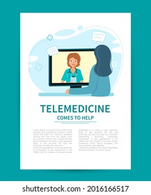 Llame a un médico para niños utilizando una plataforma de medios. Telemedicina de concepto de afiches. Recibir al paciente sin contacto. Ilustración vectorial al estilo de las caricaturas.