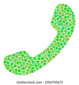 Call collage of filled circles in different sizes and ecological green color tinges. Vector dots are united into call mosaic. Ecology vector illustration.