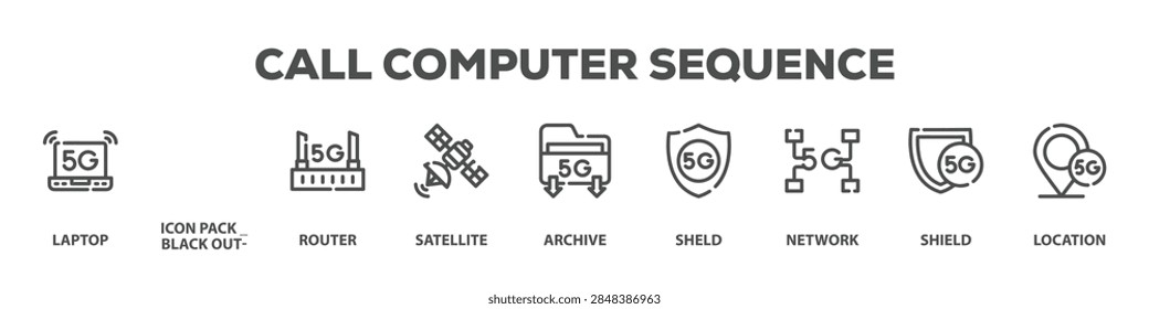 Call Computer Sequence with icon of Laptop, Icon Pack _ Black outline _ 50 Icons, Router, Satellite, Archive, Sheld, Network, Shield, Location