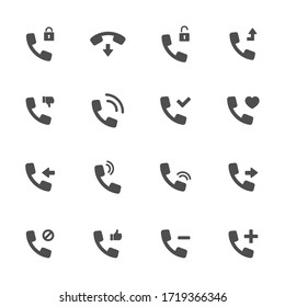 Call and connect flat icons in gray. Set of 16 pieces