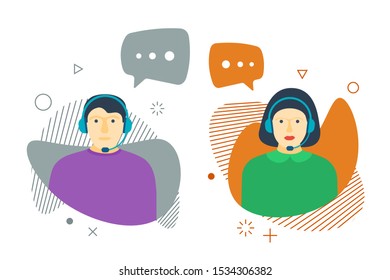 Call contact center customer online help service icon set. Male and female online assistant working in headphones and speech bubbles. Business support character operator colorful vector illustration