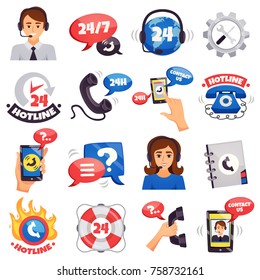 Call contact and customer support centers hotline 24 hours services colorful symbols icons collection isolated vector illustration 