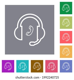 Llamar a iconos planos de esquema del servicio al cliente en fondos cuadrados de color simples
