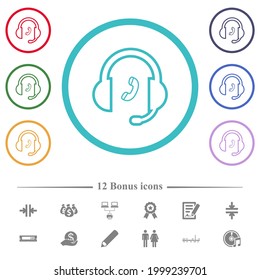 Call customer service outline flat color icons in circle shape outlines. 12 bonus icons included.