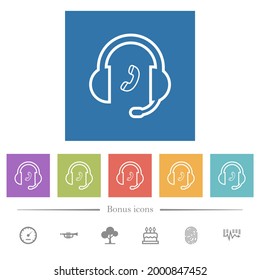 Call customer service outline flat white icons in square backgrounds. 6 bonus icons included.