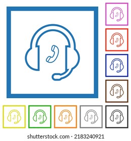 Call customer service outline flat color icons in square frames on white background