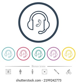 Llamar a los iconos de color plano del esquema del servicio al cliente en contornos redondos. 6 iconos de bonificación incluidos.