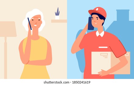 Call to delivery man. Woman talking on smartphone with boy in uniform. Waiting parcel, contactless bringing to home. Mobile communication and smart online shopping vector concept