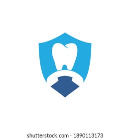 Call Dental shield shape concept logo design template. Dental call logo design icon
