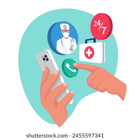 Rufen Sie den Arzt 24 7 an. Medizinische Beratung online. Der Mensch ruft den Arzt mit dem Smartphone an. In: Ambulance concept. Flaches Design der Vektorillustration. Telefon in der Hand. Der Arzt konsultiert den Patienten.