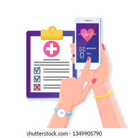 Call doctor, ambulance. Hand hold mobile phone with red heart, heartbeat line, cardiogram on screen. Health insurance document with cross sign, medical agreement Clinic diagnostic report Vector design