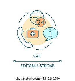 Call doctor concept icon. Medical hotline idea thin line illustration. Information center vector isolated outline drawing. Contact us. Nursing services. Hospital, clinic phone calling. Editable stroke