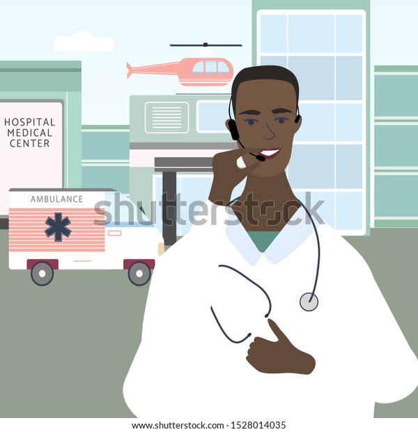 Call a doctor concept. Medical specialist\
with headset phone ready to give medical consultation and talking\
with patient. Flat vector in cartoon style for web, medical office,\
clinics, laboratory.