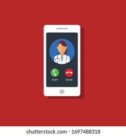 call doctor concept - mobile phone and doctor user icon.Conceptual vector illustration in flat style design.Isolated on background.