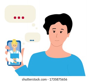 Call to doctor on mobile phone. Online medicine consultation. Young men patient smile to professional doctor's woman answers. Keep calm and relax. Self-care health life hand drawn illustration.