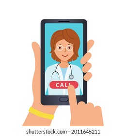 Call doctor on phone using the media platform. Untact reception of the patient. Online consultation with a doctor. Vector illustration in cartoon style.