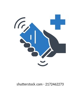 Call Doctor related vector glyph icon. Hand holds a ringing phone with a medical cross sign. Medical help. Isolated on white background. Editable vector illustration