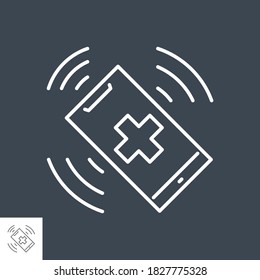 Rufen Sie das Vektorsymbol für dünne Linien des Arztes auf. Smartphone mit medizinischem Kreuz vibriert und klingelt. Medizinische Hilfe. Einzeln auf schwarzem Hintergrund. Bearbeitbarer Strich. Vektorgrafik.