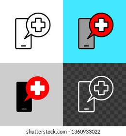 Call the doctor symbol. Smartphone silhouette with medical cross speaking round bubble. Medicine assist sign. Mobile chat with doctor for help. Editable stroke width.