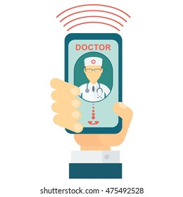 Call to doctor vector image. Elements for marketing, advertising design, promotion, branding and media. Flat cartoon illustration. Objects isolated on a white background.